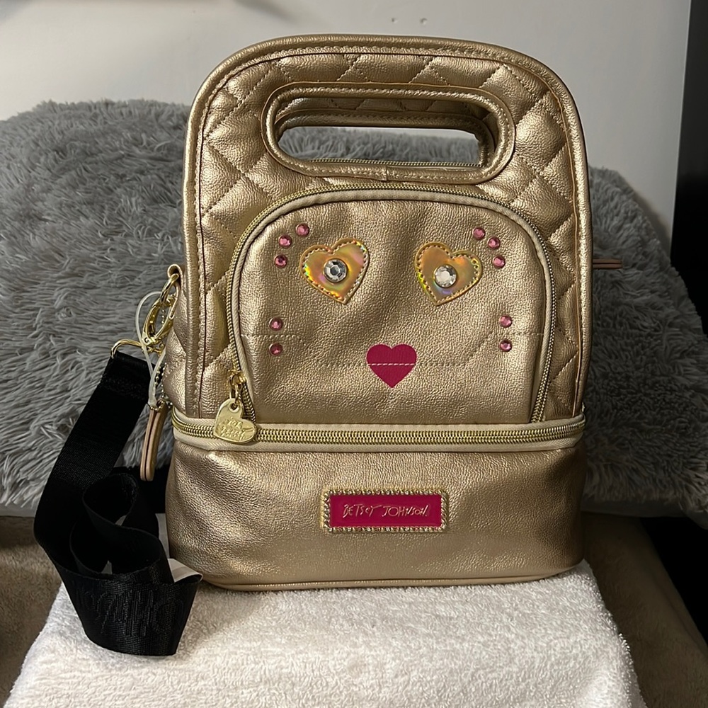 Betsy Johnson Insulated Gold Face Robot/Heart Stylish Lunch Box Tote